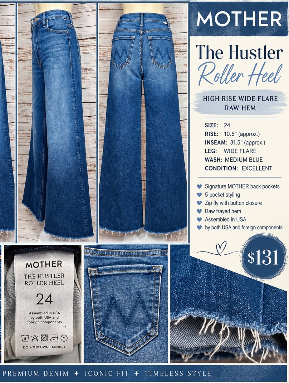 MOTHER The Hustler Roller Heel Jeans 24 High Rise Wide Flare Raw Hem